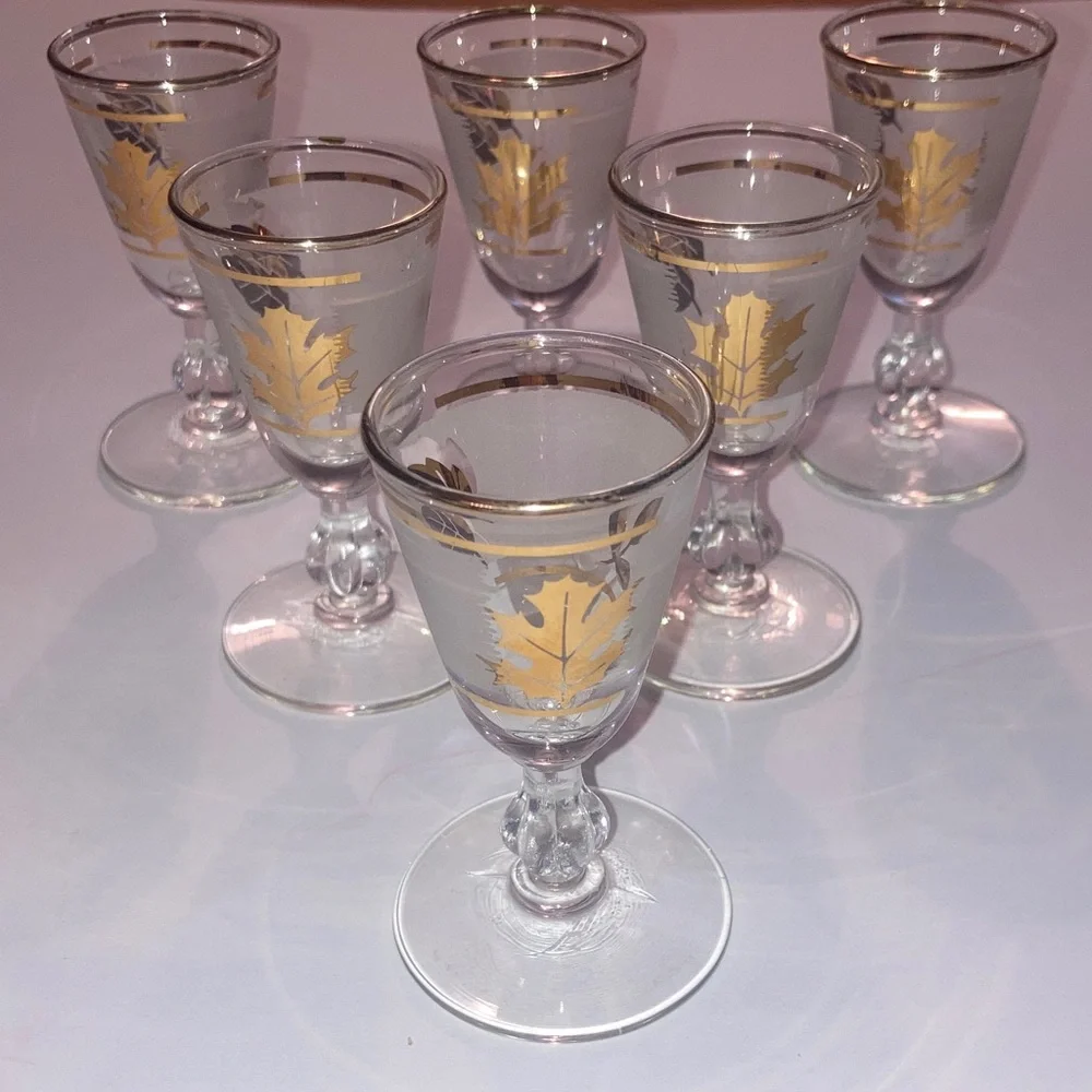 Vintage Libbey’s Frosted Gold Plated Leaf Stemmed Shot Glasses Bundle of 6